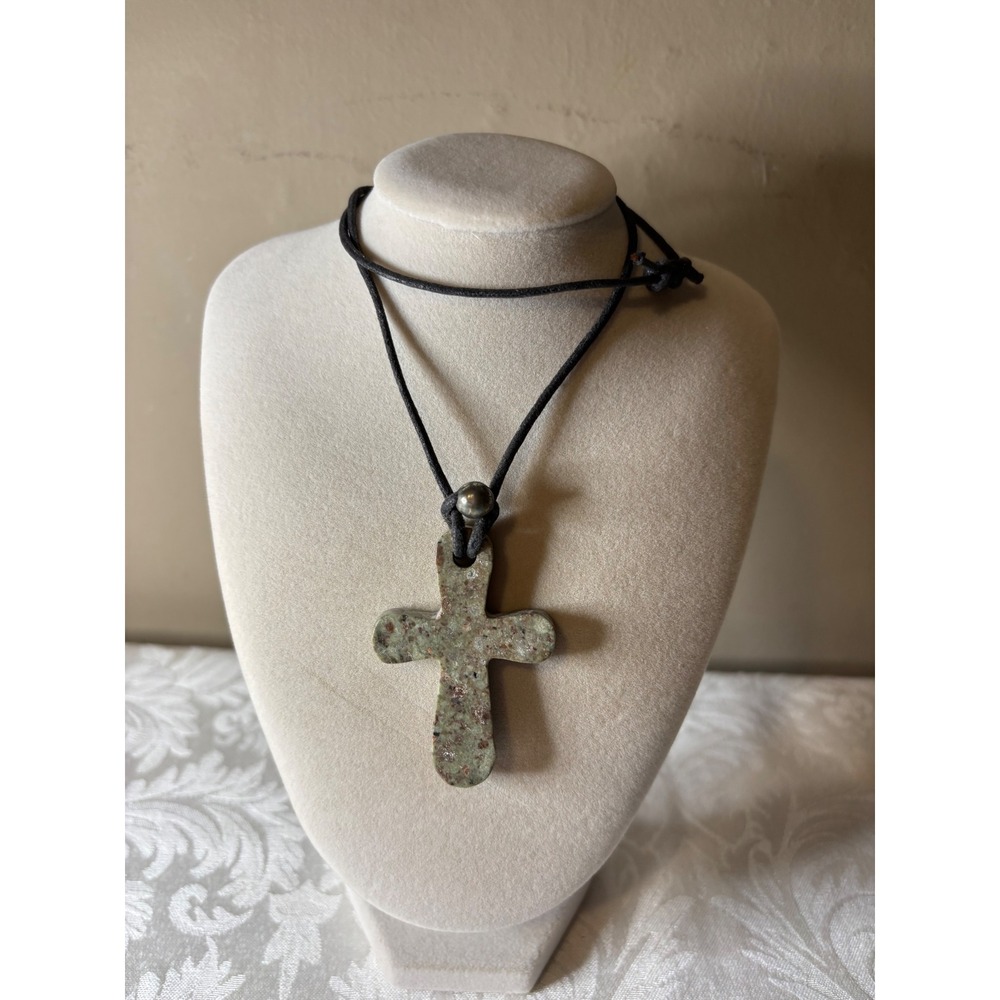 Natural Stone Cross Pendant Necklace Green Speckled Handcrafted Cord Jewelry